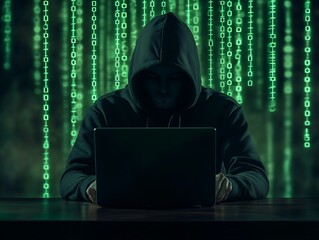 Hooded hacker sitting behind his laptop working in shadows, binary green background, fraud, phishing and cybersecurity concept