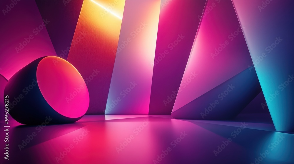 Poster abstract geometric shapes illuminated by vibrant light technology, creating a high-tech and contempo