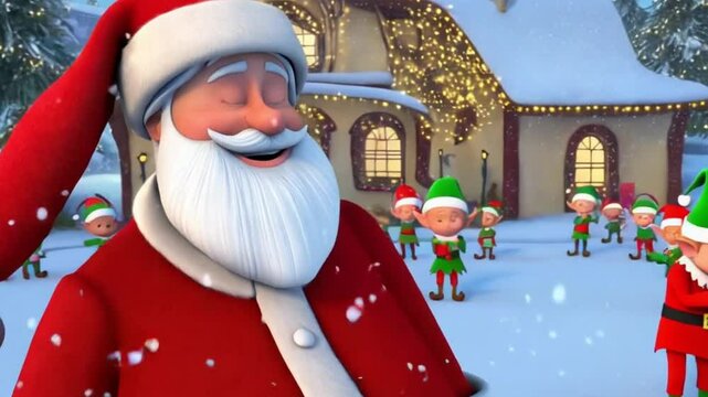 Merry Christmas and Happy New Year animation featuring Santa and elves in a snowy town.
