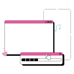 Retro browser computer window in 90s vaporwave style with smile face hipster stickers. Retrowave pc desktop with message boxes and popup user interface elements, Vector illustration of UI and UX
