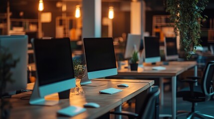 Modern Workspace with Stylish Monitors and Warm Lighting