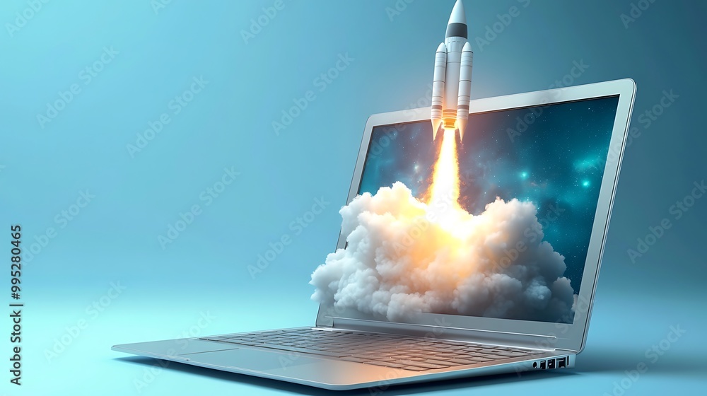 Poster digital design of a rocket getting lunched from a monitor screen with hued blue and pink background