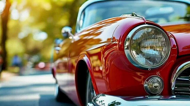 A red vintage car  is parked on a street.