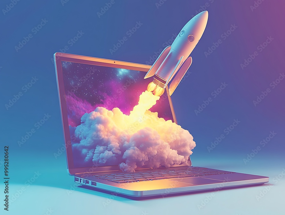 Poster digital design of a rocket getting lunched from a monitor screen with hued blue and pink background