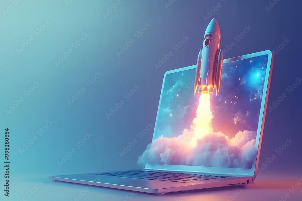 Poster Digital design of a rocket getting lunched from a monitor screen with hued blue and pink background