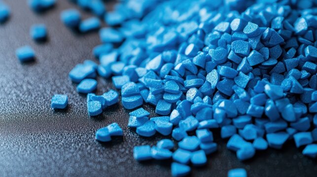 Blue plastic polypropylene granules on a table,