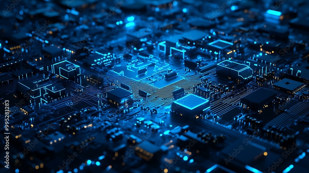 Poster technological background design of data processor with blue design lights