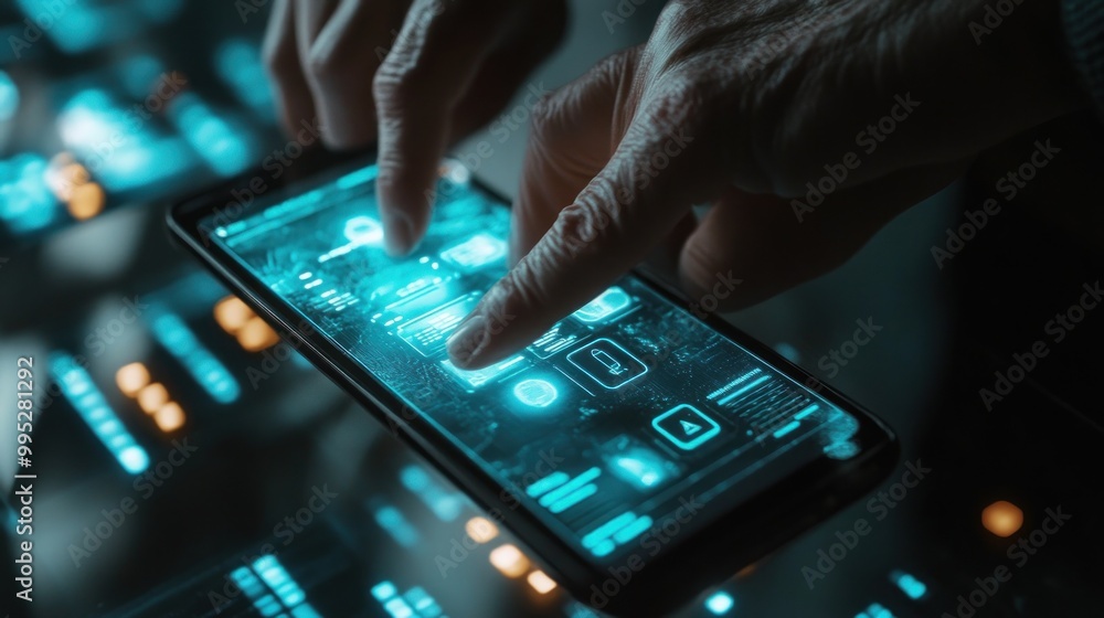 Poster a hand interacts with a smartphone displaying a futuristic interface.