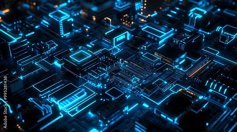 Poster technological background design of data processor with blue design lights