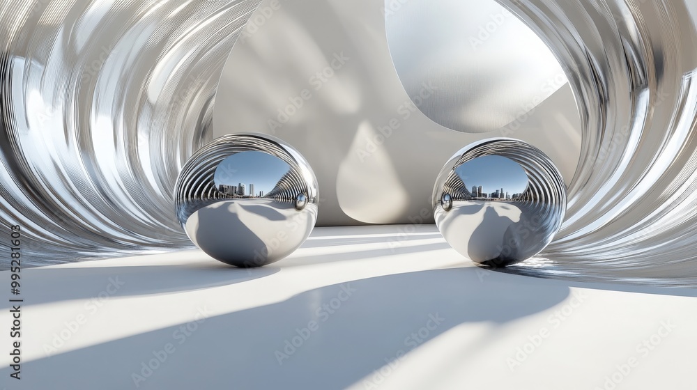 Poster abstract spheres floating in a 3d space, reflecting light and casting shadows, with a sleek, futuris