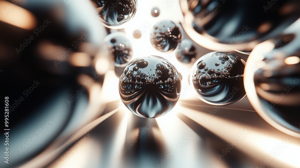 Poster abstract spheres in a 3d render, arranged in a swirling motion with light reflections and shadows, c