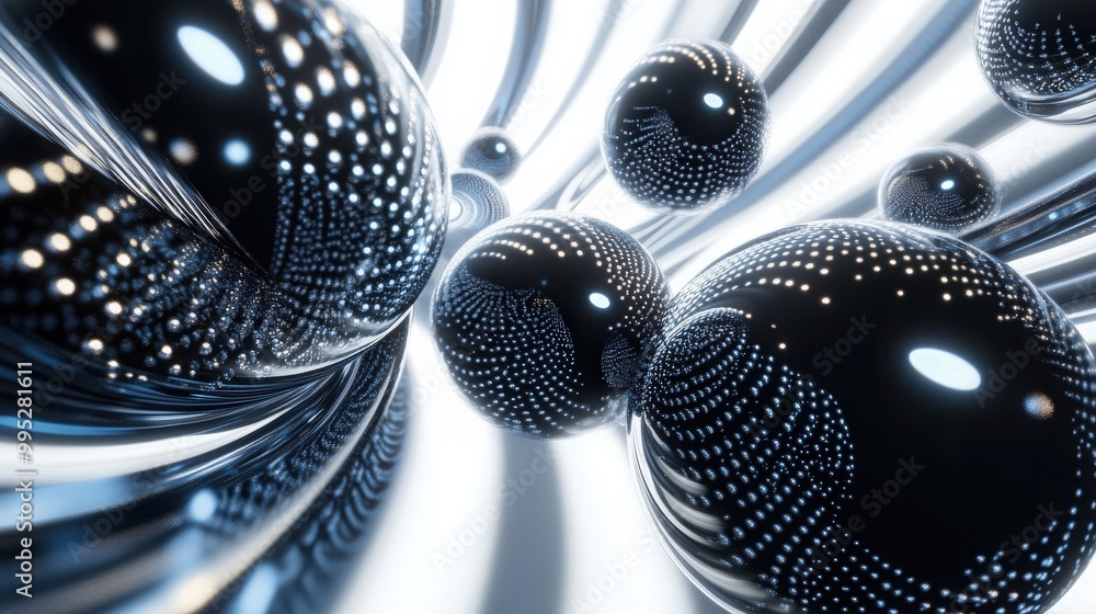 Poster abstract spheres in a 3d render, arranged in a swirling motion with light reflections and shadows, c