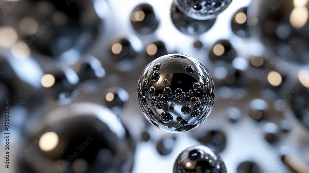 Poster abstract spheres in a 3d render, arranged in a swirling motion with light reflections and shadows, c