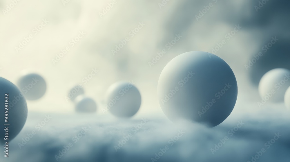 Poster abstract spheres in a 3d render, floating in a misty environment with subtle light reflections and s