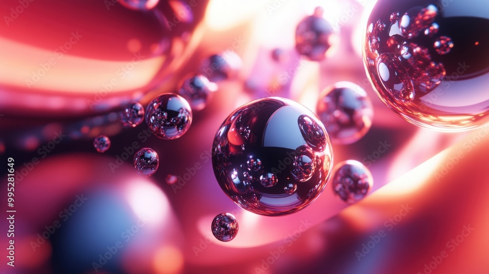 Poster abstract spheres in a 3d render, arranged in a swirling motion with light reflections and shadows, c