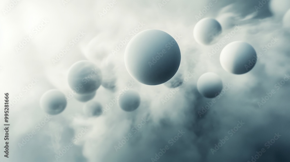 Poster abstract spheres in a 3d render, floating in a misty environment with subtle light reflections and s