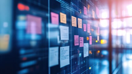 Closeup of a software Kanban scrum agile board with paper task, representing agile software development methodologies , Software