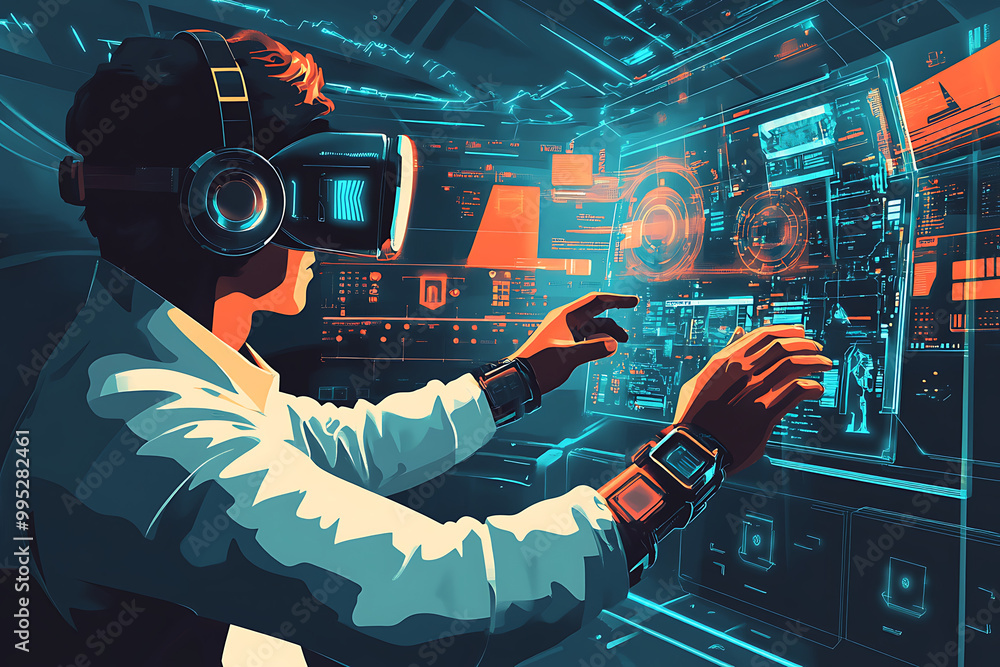 Poster a person using virtual reality technology to interact with a futuristic interface.