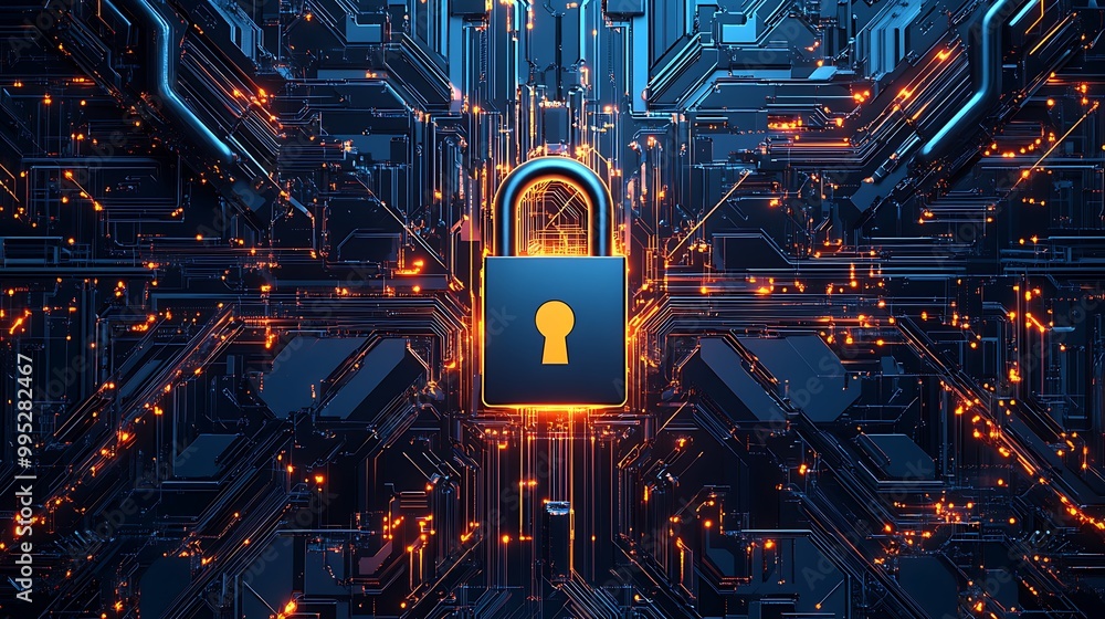 Aufkleber digital illustration of metallic orange and blue padlock on data nodes and binary design abstract ba