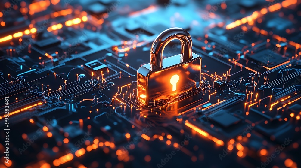 Aufkleber digital illustration of metallic orange and blue padlock on data nodes and binary design abstract ba
