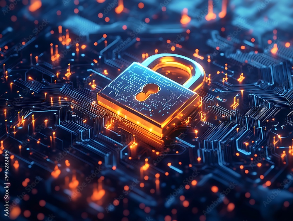 Aufkleber digital illustration of metallic orange and blue padlock on data nodes and binary design abstract ba