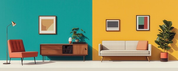 Fototapeta premium Stylish modern living room with colorful walls, elegant furniture, and decorative plants for a vibrant home ambiance.