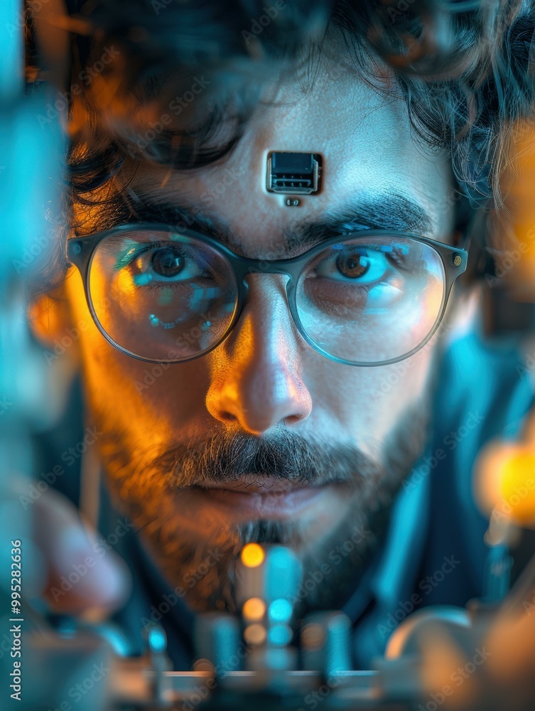 Aufkleber a man with a chip embedded in his forehead looks intently at something out of frame. ai.