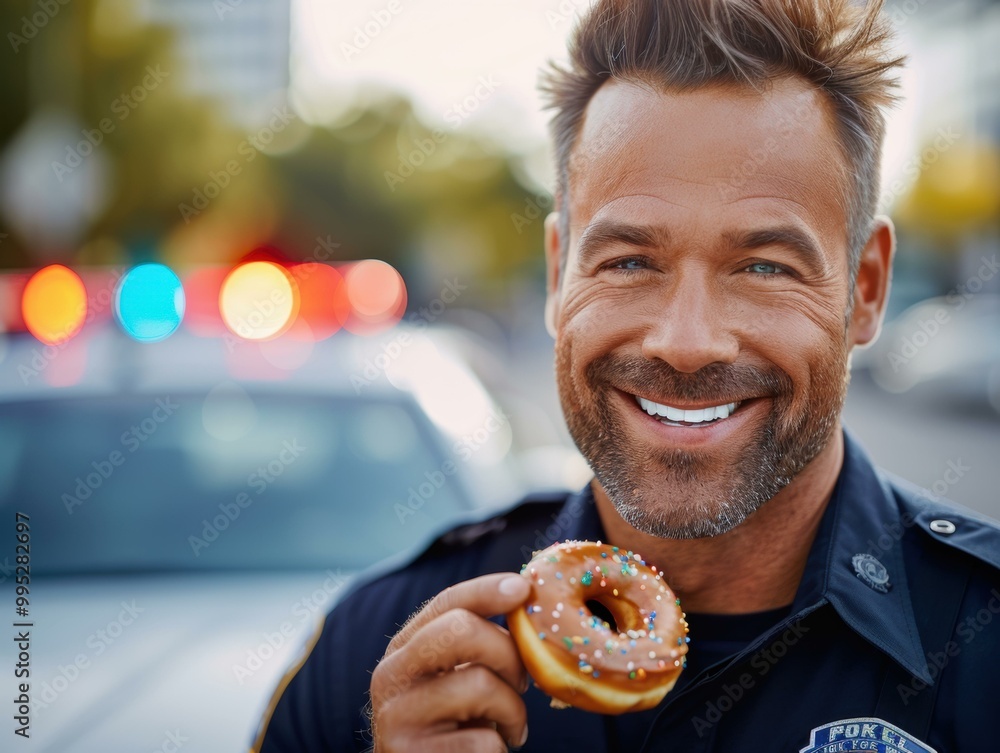 Sticker A police officer smiles and holds a donut. AI.