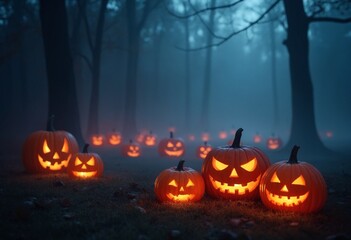 Colorful Halloween pumpkins surrounded by fog in a spooky setting at night