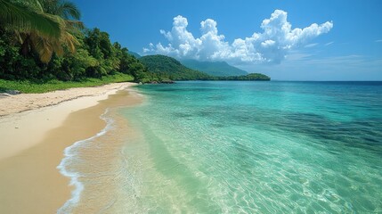 Serene beach scene with clear water and lush greenery.