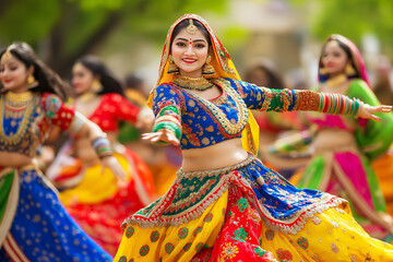 An Hindu woman in traditional clothing performing Garba dance during Navratri festival.