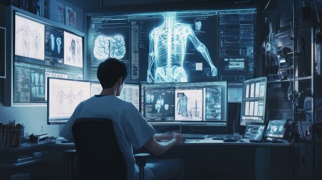 Digital health records and electronic medical records (EMRs), healthcare provider accessing and reviewing patient health information on computer, secure and efficient exchange of medical data between