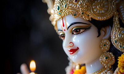 A closeup of a Goddess Durga statue, embellished with intricate gold details