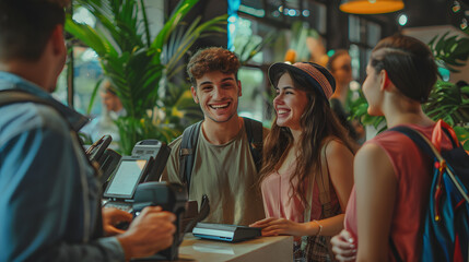 Group of young people doing check-in of youth hostel guest house - Happy tourists talking with receptionist at hotel lobby - Summer vacations and tourism concept