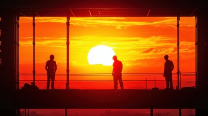 Fototapeta premium The frame of a newly constructed building standing against a fiery sunset, with construction workers in silhouette actively working on the structure, creating a dramatic visual effect