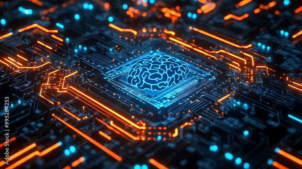 Aufkleber digital blue brain with data pattern nodes on background, technological abstract background
