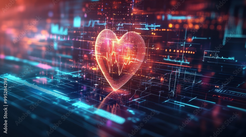 Poster energetic heartbeat on tech interface, vibrant representation of a heartbeat pulses across a high-te