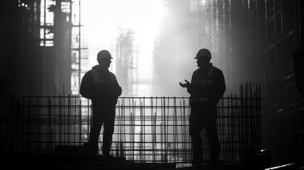 Two construction workers discussing plans on-site, their figures backlit by the sun, with the outlines of the building materials and tools in the foreground creating depth