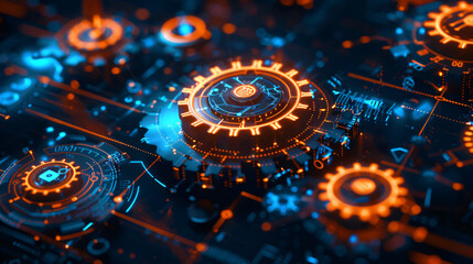 Cybernetic Gears: Abstract digital art showcasing intricate, glowing orange and blue gears interlocked, symbolizing complex systems, technology, and innovation.
