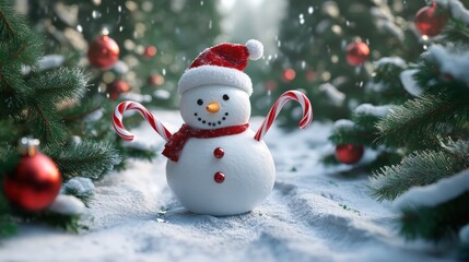 A snowman in a scenic snowy forest with pine trees surrounding it, decorated with festive accessories like a Christmas hat and candy cane arms