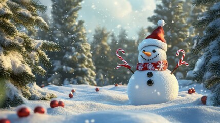 Obraz premium A snowman in a scenic snowy forest with pine trees surrounding it, decorated with festive accessories like a Christmas hat and candy cane arms