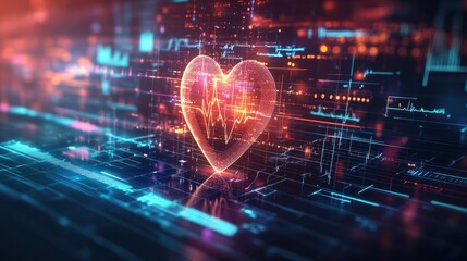 Energetic Heartbeat on Tech Interface, vibrant representation of a heartbeat pulses across a high-tech digital interface, illustrating concepts of health technology and data analytics