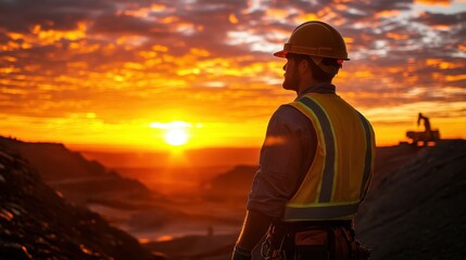 A worker in safety gear standing on a site, looking out towards the horizon with the sun setting behind him, creating a powerful silhouette against the glowing sky