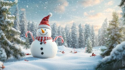 Obraz premium A snowman in a scenic snowy forest with pine trees surrounding it, decorated with festive accessories like a Christmas hat and candy cane arms