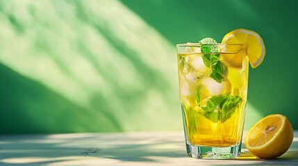 Glass of iced tea with lemon and mint on a wooden table, summer drink on a green background.