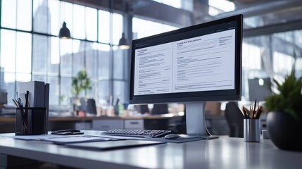 Naklejka premium An e-invoice displayed on a large monitor in a modern office. Clean desk with financial documents and advanced technology
