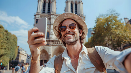 Handsome man taking selfie with smart mobile phone device on city street - Happy tourist visiting Notre Dame in Paris, France - Summer holidays and travel influencer concept
