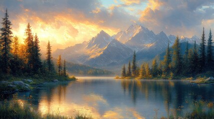 Serene mountain landscape at sunset with a reflective lake.