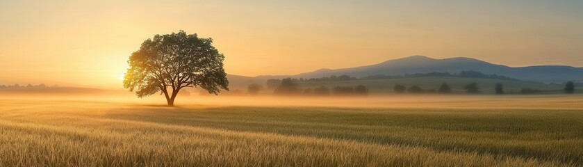 Obraz premium Scenic countryside with mist and sunrise, Monday morning, calm and refreshing