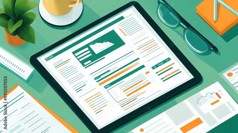 Poster an online e-invoice on a tablet screen, featuring detailed information. office setting with financia